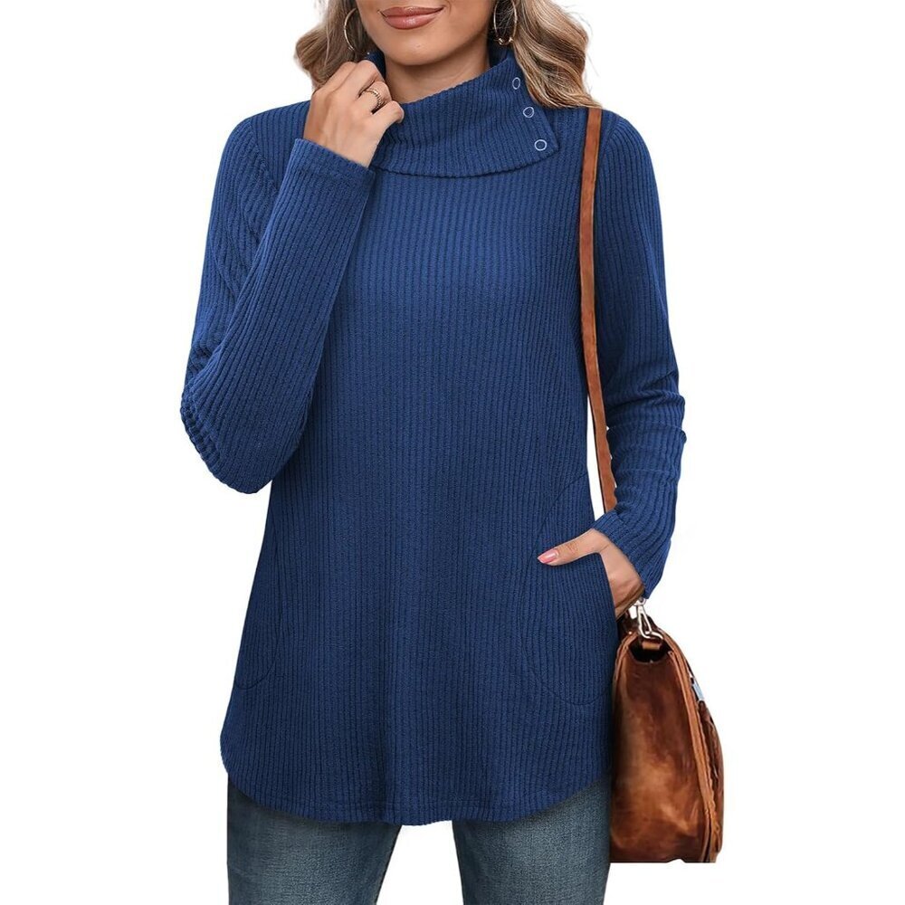 Women's Ribbed Knit Split Cowl Neck Sweater X-Large Cozy Casual